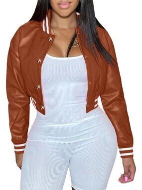 Brown Large Faux Leather Cropped Varsity Bomber Jacket for Women